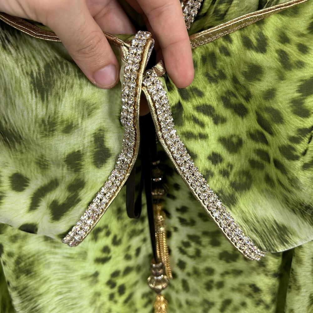 Kasia De Gelaque Dress One Size Kaftan Silk Maxi Leopard Green Rhinestone Boho - Picture 6 of 12